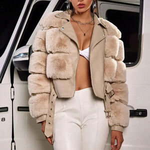 Khaki Preppy Women's Faux Fur Spliced Faux Leather Slim Jacket